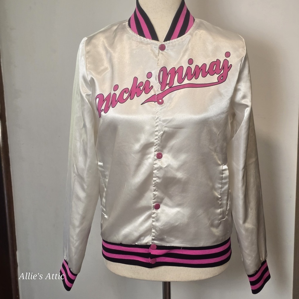 Nicki Minaj Satin Bomber Jacket Womens Girls Pink White Varsity Coat Top Small
